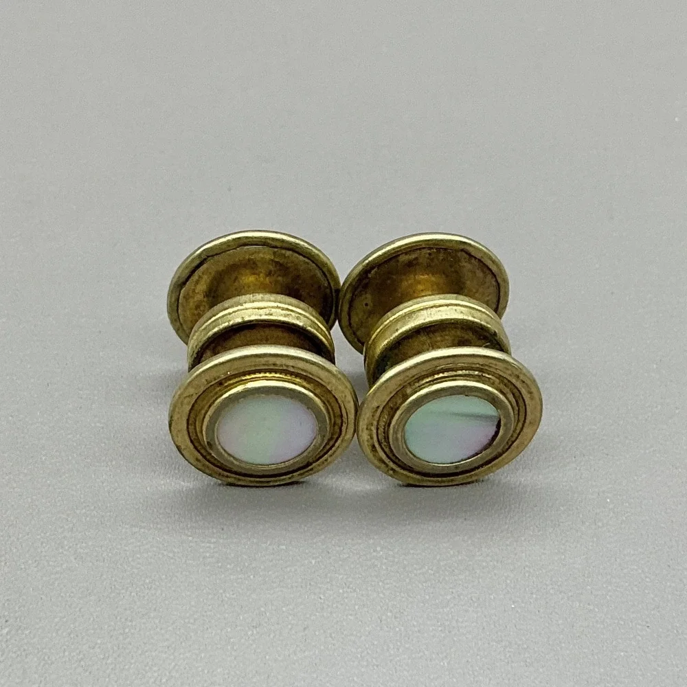 Vintage Cobslink Mother of Pearl Gold Tone Snap Cufflinks Round Bezel Pair